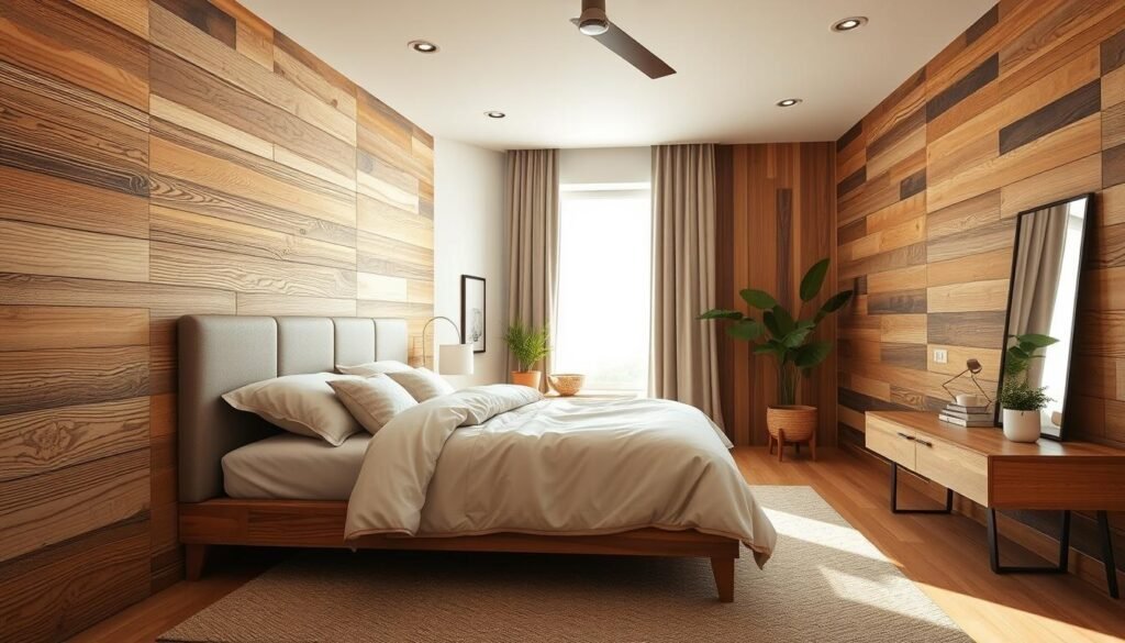 A cozy bedroom featuring stunning wooden wall treatments, showcasing a mix of light and dark wood panels, expertly arranged to create a modern yet timeless feel. In the foreground, a beautifully crafted wooden accent wall with intricate grain patterns invites the viewer, while the middle ground reveals a well-appointed bed adorned with neutral linens, elegantly framed by soft lighting from a nearby window. The background includes a glimpse of additional wood paneling and natural decor elements like potted plants, all bathed in bright, airy sunlight that casts soft shadows, enhancing the sense of warmth and tranquility in the room. The atmosphere exudes comfort and harmony, perfect for a serene bedroom retreat.