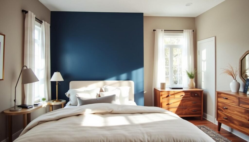 A cozy bedroom featuring various accent wall color schemes, designed for warmth and relaxation. In the foreground, a soft, plush bed with neutral bedding and decorative pillows invites comfort. The middle area showcases an eye-catching accent wall painted in a rich, deep blue, contrasted by lighter hues on adjacent walls, creating harmony. A stylish wooden dresser with earthy tones complements the decor. In the background, large windows allow bright natural light to flood the room, casting gentle shadows and highlighting the textures of the walls. The atmosphere is serene and inviting, enhanced by soft sunlight filtering through sheer curtains. A wide-angle lens captures the entire scene, emphasizing the balance of colors and the cozy ambiance, perfect for a timeless bedroom design.