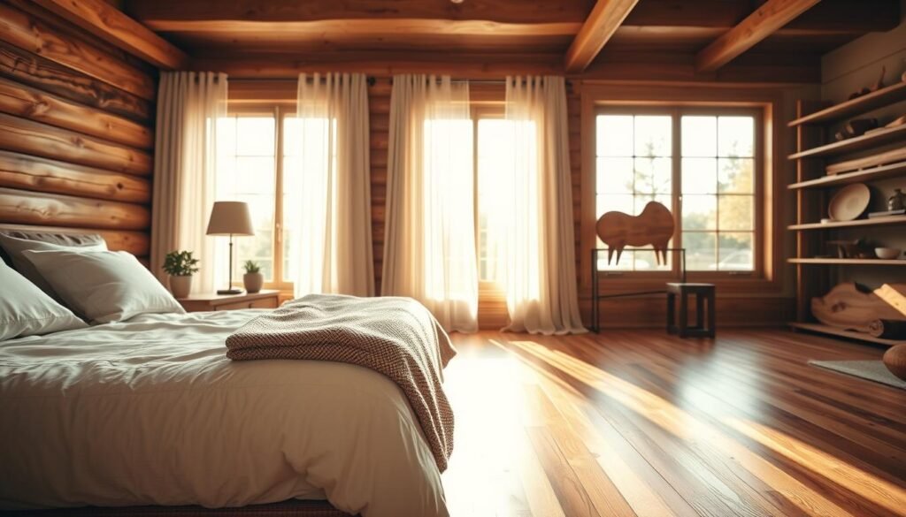 A cozy bedroom featuring wooden flooring that evokes warmth and comfort. In the foreground, a plush, inviting bed with soft, neutral-colored bedding and a textured throw blanket. Beside the bed, a rustic wooden nightstand with a small potted plant and a stylish lamp. In the middle ground, large windows draped with light, airy curtains allowing soft sunlight to filter in, creating a warm glow. The wooden flooring is polished and gleaming, enhancing the inviting atmosphere. In the background, a subtle display of wooden accents on shelves, adding to the rustic charm. The scene is illuminated by bright natural light, captured with a soft focus effect that conveys a serene and tranquil mood, perfect for a restful retreat.