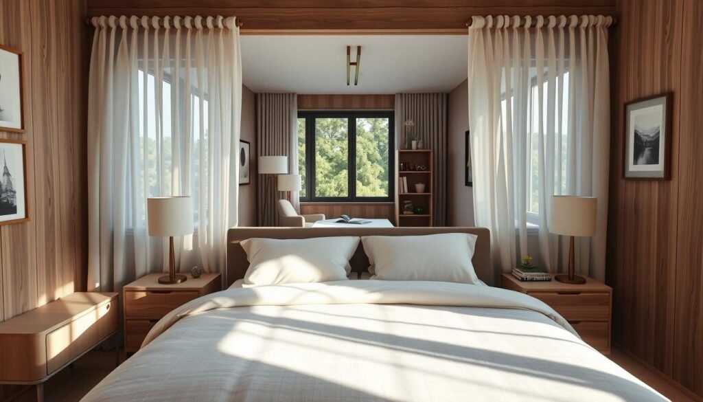 A cozy bedroom interior design featuring a well-thought-out furniture arrangement that promotes comfort and flow. In the foreground, a neatly made queen-size bed with a plush duvet and soft throw pillows, flanked by stylish bedside tables with modern lamps. The middle layer showcases a comfortable reading nook with a soft armchair and a small bookshelf, creating an inviting atmosphere. Natural light streams in through sheer curtains, casting a warm glow across the room. In the background, a large window reveals a glimpse of greenery outside, enhancing the tranquil vibe. The color palette is neutral with soft pastel accents, and the space feels airy and welcoming. Emphasize realistic home décor, well-crafted wooden elements, and an overall feel of relaxation and serenity.