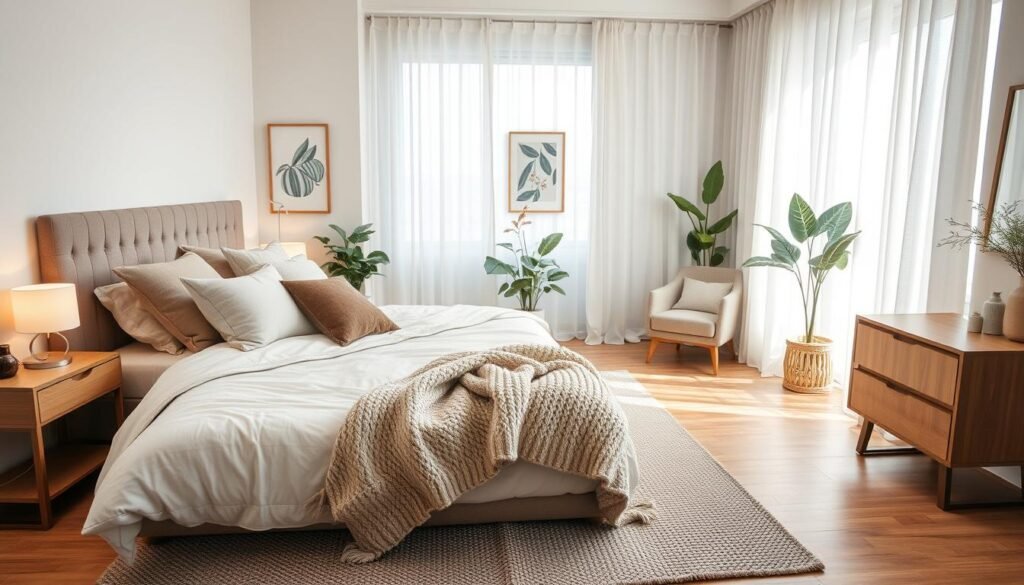 A cozy bedroom interior design featuring soft textiles layered for warmth and texture. In the foreground, a plush bed is adorned with a variety of pillows in muted tones and a chunky knit throw resting at the foot. On either side, elegant wooden nightstands hold softly glowing lamps. The middle of the room showcases a textured area rug that adds depth to the hardwood floor, with a stylish upholstered chair tucked into one corner. In the background, softly filtered light streams through sheer curtains, illuminating wall art and a leafy potted plant. The atmosphere is serene and inviting, evoking feelings of comfort and tranquility. Shot with a wide-angle lens to capture the full layout and details, emphasizing the bright, airy ambiance.