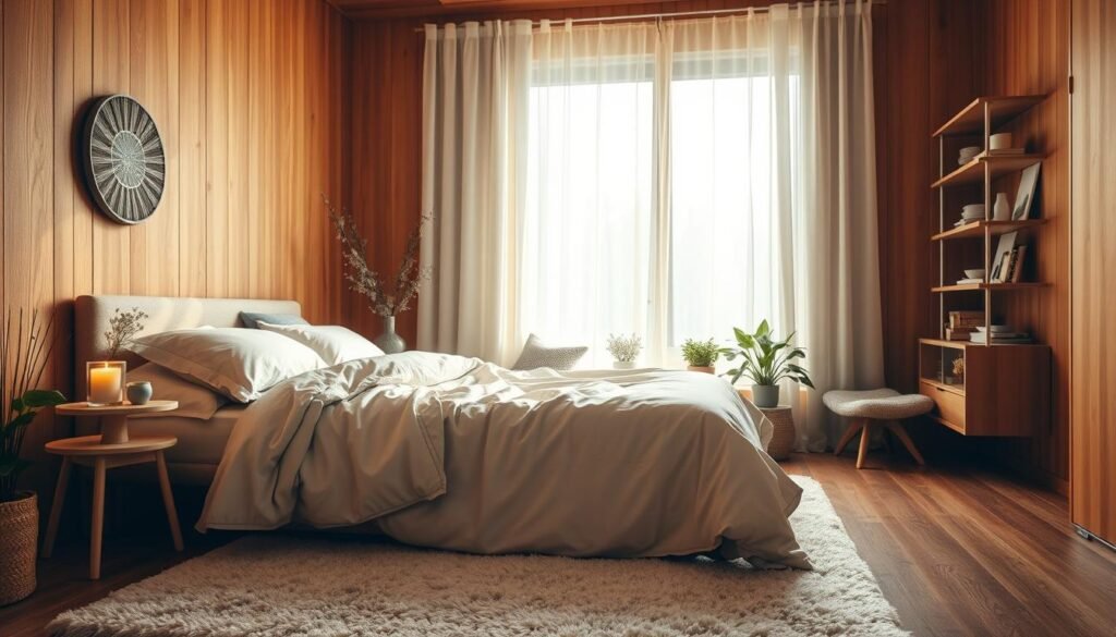 A cozy bedroom interior designed for relaxation, featuring a gently made queen-size bed with soft, neutral-colored bedding. In the foreground, a plush area rug adds warmth, while a small, delicate wooden nightstand holds a lit candle and a simple vase of fresh flowers. The middle layer showcases a large window draped with sheer white curtains, allowing soft, warm sunlight to bathe the room in a tranquil glow. Decorative plants are softly placed near the window, enhancing the natural feel. The background displays warm wooden walls and minimalistic shelving with curated decor items that evoke calmness. The entire scene conveys a serene ambiance, inviting rest and comfort, with a focus on natural textures and an inviting color palette.