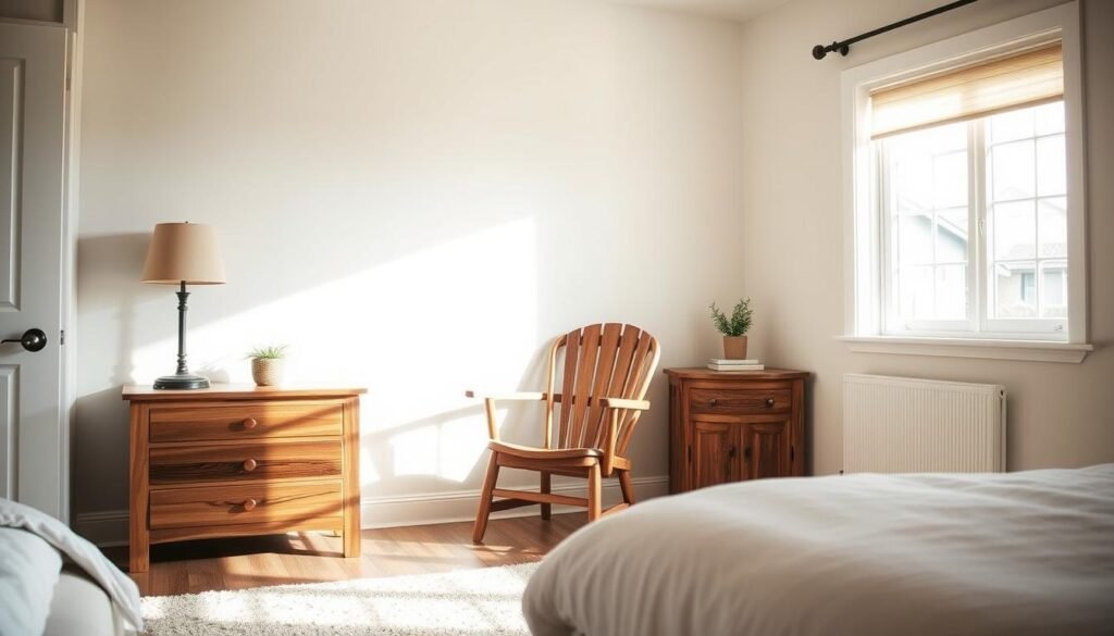 A cozy bedroom interior featuring elegant wooden accent furniture, showcasing a beautiful handcrafted wooden nightstand and a rustic chair that adds character. The room is softly illuminated by bright natural light streaming through a large window, creating a warm and inviting atmosphere. In the foreground, the nightstand is decorated with a small potted plant and a vintage lamp, while in the middle, the wooden chair complements a plush rug beneath it. The background reveals soft pastel-colored walls that enhance the natural wood tones. The overall mood is tranquil and homey, conveying a sense of warmth and style that perfectly integrates wood accents into a comfortable bedroom setting.