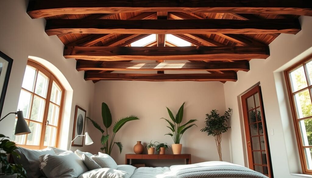 A cozy bedroom interior featuring exposed wooden beams that enhance the ceiling appeal. In the foreground, a soft, inviting bed adorned with neutral-toned linens and decorative pillows is nestled beneath the beams. The middle section showcases the beautifully structured wooden beams, crafted from rich, sustainably sourced timber, that crisscross across the ceiling, casting gentle shadows. The background reveals a wall painted in calming, soft colors that complement the wood, with potted plants adding a touch of greenery. Natural light pours in from a large window, creating a warm, airy atmosphere enriched by soft sunlight. The entire scene exudes tranquility and sophistication, ideal for promoting relaxation. Capture this from a slightly angled perspective to emphasize depth and the architectural beauty of the beams.