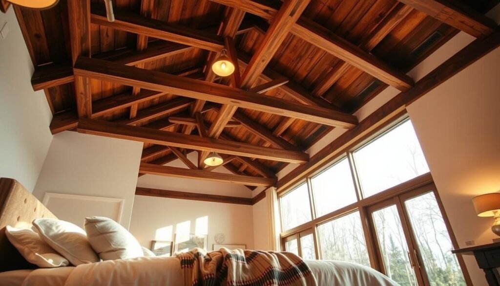 A cozy bedroom interior showcasing an intricate wooden beams ceiling design. The foreground features a plush bed with soft, neutral bedding and a stylish quilt thrown casually. In the middle ground, the ceiling is a masterpiece of rustic wooden beams crisscrossing elegantly, adorned with warm, ambient lighting fixtures casting soft shadows. The background includes large windows that allow bright, natural sunlight to pour in, enhancing the airy atmosphere. The overall color palette consists of earthy tones, with the warmth of the wood contrasted against light, airy walls. The mood is inviting and serene, perfect for a tranquil retreat. Capture this scene with a wide-angle lens to convey depth, highlighting the elegant craftsmanship of the wooden beams ceiling in a beautifully lit space.