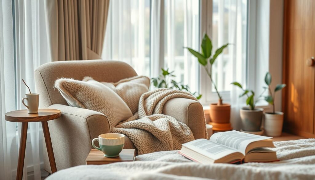 A cozy bedroom reading nook featuring a plush, oversized armchair adorned with soft, textured blankets and a couple of fluffy pillows. In the foreground, a small wooden side table holds a steaming cup of tea and a stack of beautifully bound books. The middle ground showcases a large window with sheer curtains, allowing soft, natural light to fill the space, creating an inviting atmosphere. In the background, a few potted plants add a touch of greenery, while warm, wooden wall panels enhance the cozy feel. The overall mood is calming and serene, perfect for unwinding with a good book. The scene is captured in a bright, airy composition with a slight depth of field, focusing on the reading nook with gentle bokeh.