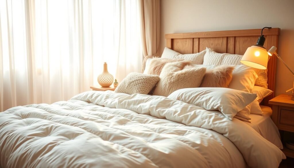 A cozy bedroom scene featuring a beautifully made bed with plush bedding and an array of textiles that radiate comfort. The foreground showcases a luxurious, thick comforter in soft pastel tones, layered with fluffy throw pillows in varying textures. In the middle, a bedside table holds a decorative lamp with warm light, casting a gentle glow over the scene. The background reveals softly draped sheer curtains allowing bright, natural light to filter in, creating an airy atmosphere. Wooden accents, like a rustic headboard and warm flooring, add a homely touch. The overall mood is tranquil and inviting, ideal for relaxation, with soft sunlight enhancing the warmth and depth of the colors.