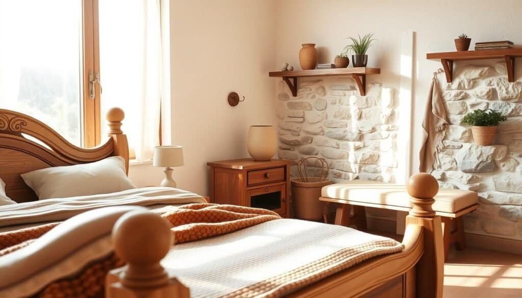 A cozy bedroom scene featuring a harmonious blend of natural wood and stone materials. In the foreground, a beautifully crafted wooden bed frame with intricate carving details and a soft, inviting mattress. Layered textiles include an elegant, textured duvet and a knit throw in warm earth tones. The middle ground showcases an artisan-made wooden nightstand, with a small, smooth stone lamp casting a gentle glow, enhancing the atmosphere. To the side, a rustic stone accent wall adds depth and character, complemented by decorative wooden shelves displaying potted plants. The background reveals a window allowing bright natural light to flood the room, creating soft sunlight patterns on the floor. The overall mood is warm, inviting, and timeless, perfect for a serene and relaxing retreat.