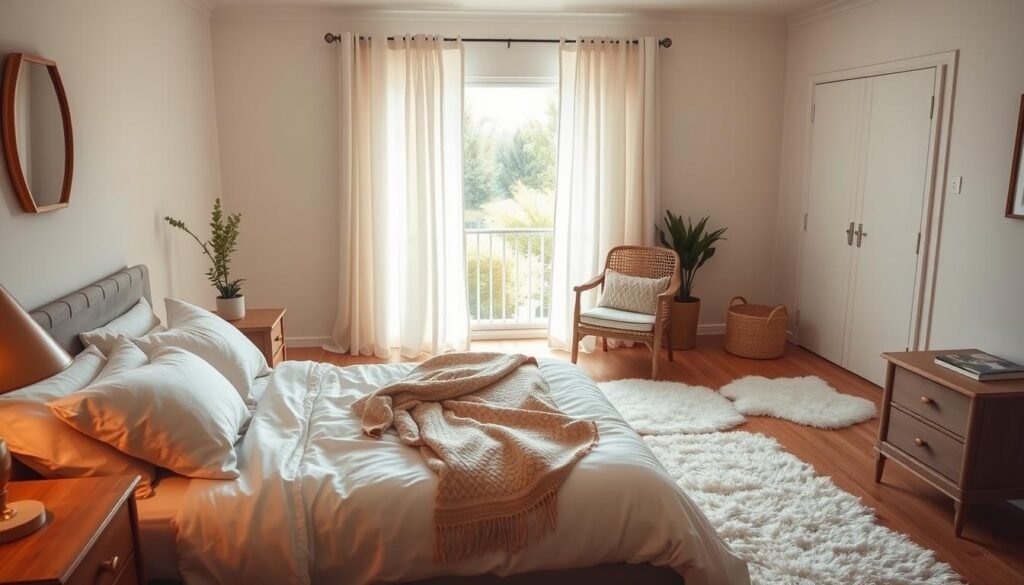 A cozy bedroom scene featuring a serene atmosphere, designed for comfort from morning to night. In the foreground, an inviting queen-sized bed with soft, neutral-colored linens and plush pillows adorned with a delicate throw. On one side, a stylish wooden bedside table with a small potted plant and a warm-toned lamp casting soft, golden light. In the middle, a wooden floor adorned with fluffy area rugs and a vintage armchair by the window, which frames a view of a sunny garden outside. In the background, light curtains flutter gently, allowing bright, natural sunlight to stream in, creating an airy ambiance. The walls are painted in calming pastel shades, completing the restful vibe of the space, inviting relaxation and tranquility.