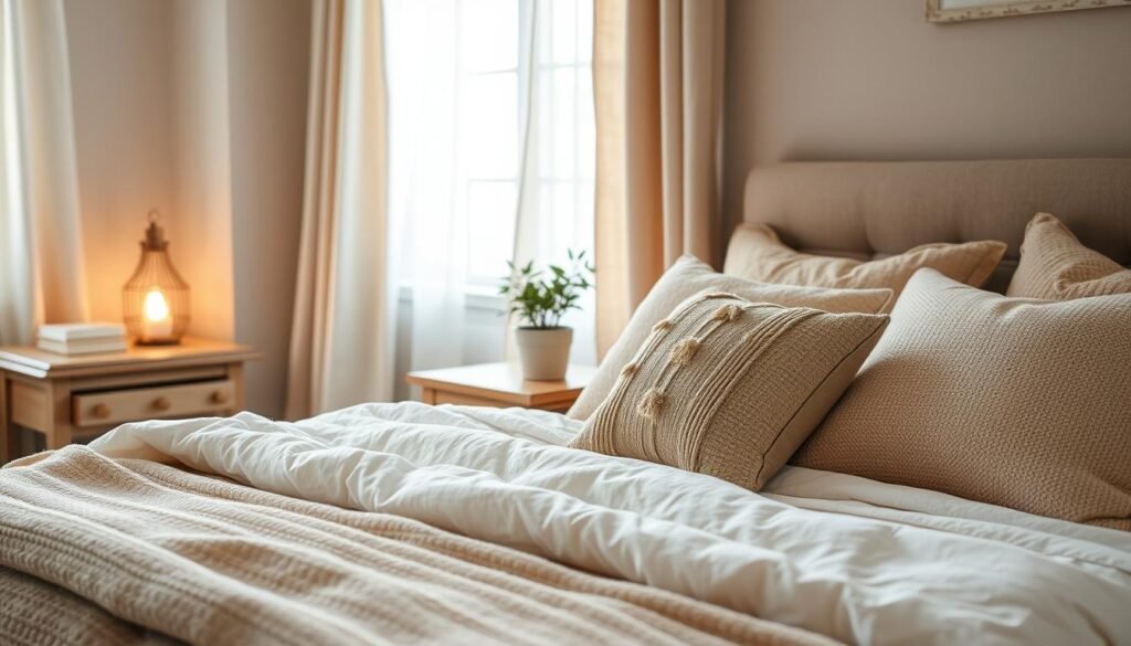 A cozy bedroom scene featuring beautifully layered bedding in soft, inviting colors. In the foreground, a neatly made bed adorned with plush, textured throws and a generous assortment of decorative pillows. The middle ground showcases a rustic wooden nightstand with a small potted plant and a softly glowing lamp, enhancing the warm atmosphere. In the background, light, airy curtains flutter slightly in a gentle breeze, allowing bright natural light to illuminate the space. The overall mood is tranquil and inviting, perfect for relaxation. The image should capture the essence of comfort and thoughtfulness, emphasizing a well-styled bedroom without any distractions or additional elements. A cozy bedroom scene featuring beautifully layered bedding in soft, inviting colors. In the foreground, a neatly made bed adorned with plush, textured throws and a generous assortment of decorative pillows. The middle ground showcases a rustic wooden nightstand with a small potted plant and a softly glowing lamp, enhancing the warm atmosphere. In the background, light, airy curtains flutter slightly in a gentle breeze, allowing bright natural light to illuminate the space. The overall mood is tranquil and inviting, perfect for relaxation. The image should capture the essence of comfort and thoughtfulness, emphasizing a well-styled bedroom without any distractions or additional elements.