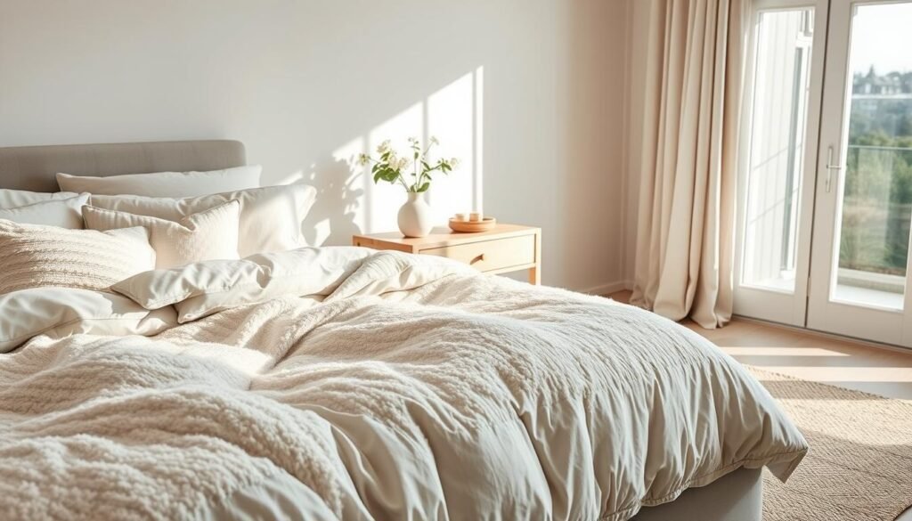 A cozy bedroom scene featuring layers of soft textures that evoke comfort and style. In the foreground, a plush, inviting bed adorned with a cloud-like duvet in muted pastel shades, accompanied by an array of fluffy, textured pillows. The middle ground features a chic, natural wood nightstand with a delicate ceramic vase holding fresh flowers, reflecting an airy ambiance. In the background, a large window allows gentle, bright sunlight to filter in, casting soft shadows across the room and highlighting a woven rug underfoot, adorned with subtle patterns. The setting is serene and inviting, embodying the essence of a tranquil retreat, with a palette of soft whites and gentle hues to enhance the comforting atmosphere.