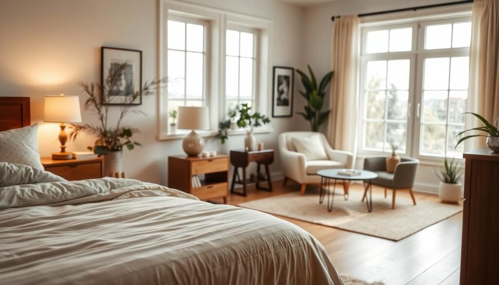 A cozy bedroom scene featuring thoughtfully arranged furniture for optimal relaxation. In the foreground, a plush, neatly made bed with soft, neutral-toned bedding is complemented by a stylish wooden nightstand adorned with a gentle lamp casting soft light. The middle ground showcases a comfortable armchair in a cozy corner with a small side table, inviting relaxation. A stylish area rug anchors the space, adding warmth. In the background, large windows flood the room with bright, natural light, highlighting light-colored walls and calming decor. Soft greenery and art pieces enhance the tranquil atmosphere. The overall mood is serene and inviting, perfect for restful sleep and relaxation. The image should be well-composed, shot at eye level, and with a shallow depth of field to focus on the furnishings.