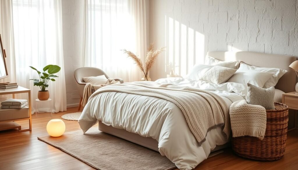 A cozy bedroom scene showcasing soft textures, featuring a plush king-sized bed adorned with fluffy white bedding and layered, lightly patterned throw blankets. In the foreground, a nightstand holds a small potted plant and a softly glowing lamp, creating a warm ambiance. The middle ground includes a stylish armchair draped with a knitted throw and a woven basket filled with cushions. The backdrop showcases a beautifully textured wall with light, neutral tones, illuminated by bright, airy natural light streaming through sheer curtains. A wooden floor adds warmth to the space. The atmosphere is inviting, relaxed, and effortlessly elegant, embodying a lived-in comfort. The scene is captured with a soft-focus lens to enhance the serene vibe.