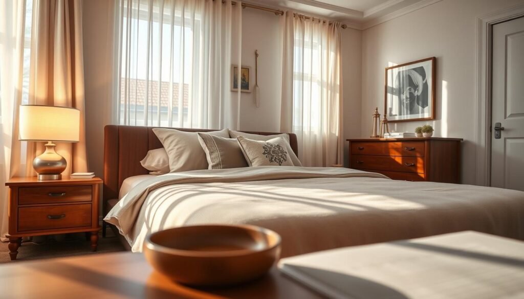 A cozy bedroom scene showcasing strategic lighting solutions to create a warm yet bright atmosphere. Foreground features a beautifully crafted wooden bedside table with stylish lamps emitting soft, warm light. The middle ground includes a plush bed with neutral-toned bedding, complemented by decorative pillows, reflecting a harmonious blend of comfort and aesthetic appeal. Natural sunlight streams in through sheer curtains, enhancing the airy feel of the space. In the background, tastefully arranged wall art and an elegant wooden dresser add depth while maintaining a clean, uncluttered look. The overall mood is inviting, peaceful, and well-lit, capturing the essence of a modern bedroom design that prioritizes warmth and light. Bright natural light fills the room, creating a serene environment. The focus is on a harmonious interplay of light and texture, without any text, captions, or watermarks.