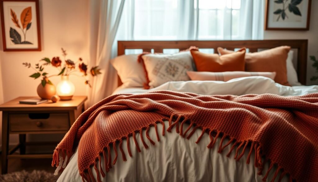 A cozy bedroom scene that embodies seasonal decor, featuring a neatly made bed with a soft, textured throw blanket draped casually over the edge. The color palette includes warm autumn tones like deep oranges and rich browns, complemented by subtle hints of winter blues and whites through decorative pillows and art on the walls. In the foreground, a wooden bedside table holds a small vase of seasonal flowers and a softly glowing lamp, casting soft light across the room. The background showcases a window with sheer white curtains, allowing gentle, diffused daylight to fill the space. The atmosphere is warm and inviting, designed to evoke feelings of comfort and tranquility year-round. The overall composition is well-balanced and airy, with an emphasis on natural elements and thoughtful organization.