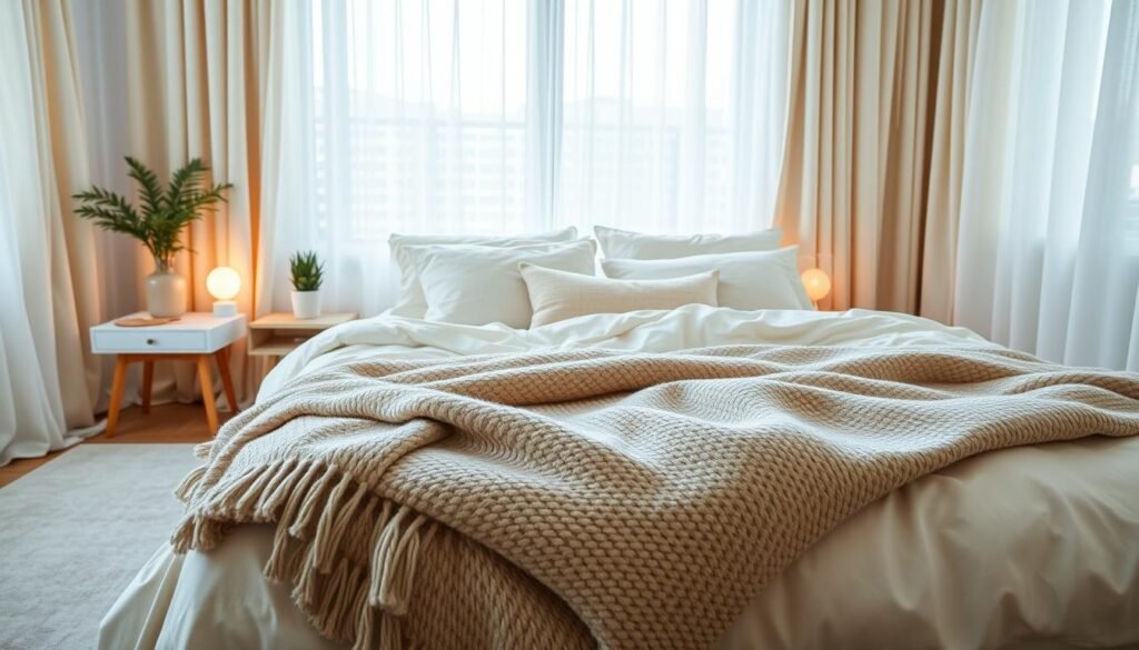 A cozy bedroom scene that embodies soft bedroom styling, featuring a neatly made king-size bed with plush, pastel-colored bedding and an abundance of soft pillows. In the foreground, a large woolen throw blanket is casually draped over the bed. The middle layer showcases a stylish bedside table with a soft, glowing lamp, and a small potted plant adding a touch of greenery. In the background, light-colored curtains flutter gently in a bright, airy space flooded with natural sunlight. The overall mood is warm and inviting, with an emphasis on comfort and simplicity. Capture the scene using a wide-angle lens to enhance the spacious feel, with soft focus on the edges for a dreamy atmosphere.