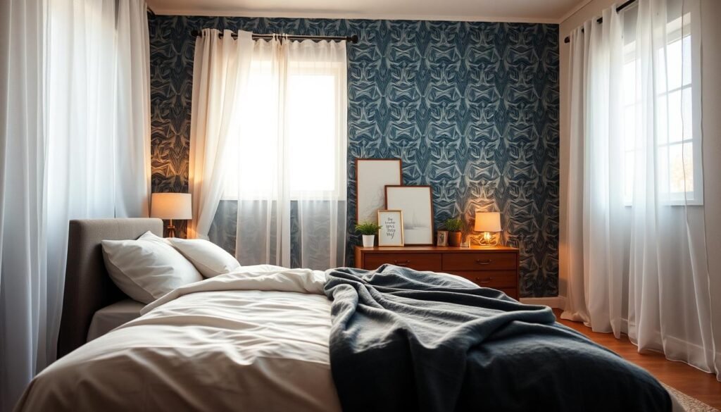 A cozy bedroom showcasing a stylish accent wall that serves as a focal point. The foreground features a beautifully arranged bed with soft, neutral bedding against the accent wall, which displays a bold, geometric pattern in shades of deep blue and light gray. In the middle ground, a wooden nightstand holds a small potted plant and a stylish lamp, while some art pieces are thoughtfully arranged above the bed. The background reveals softly illuminated windows dressed in sheer white curtains, allowing warm, natural light to fill the room, creating an inviting and airy atmosphere. The mood is serene and modern, with hints of elegance, perfectly embodying thoughtful bedroom styling. The perspective is from a slight angle to emphasize depth and the overall design of the space. A cozy bedroom showcasing a stylish accent wall that serves as a focal point. The foreground features a beautifully arranged bed with soft, neutral bedding against the accent wall, which displays a bold, geometric pattern in shades of deep blue and light gray. In the middle ground, a wooden nightstand holds a small potted plant and a stylish lamp, while some art pieces are thoughtfully arranged above the bed. The background reveals softly illuminated windows dressed in sheer white curtains, allowing warm, natural light to fill the room, creating an inviting and airy atmosphere. The mood is serene and modern, with hints of elegance, perfectly embodying thoughtful bedroom styling. The perspective is from a slight angle to emphasize depth and the overall design of the space.