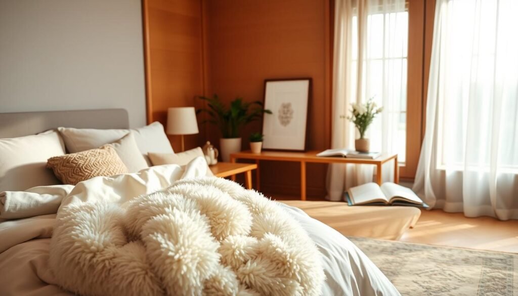 A cozy bedroom styled for comfort, featuring a beautifully made bed with soft, plush bedding in light pastel colors. In the foreground, a fluffy, oversized throw blanket is casually draped over the side of the bed, and decorative pillows add texture. The middle ground reveals a wooden bedside table with a small potted plant and an open book, creating an inviting atmosphere. The background showcases an airy window with sheer curtains allowing soft, natural light to filter in, illuminating the space. The room has warm wooden accents, and a tasteful area rug lies underfoot, enhancing the cozy vibe. The overall mood is serene and inviting, perfect for relaxation. The composition is well-balanced, with a slight angle that showcases depth and warmth.