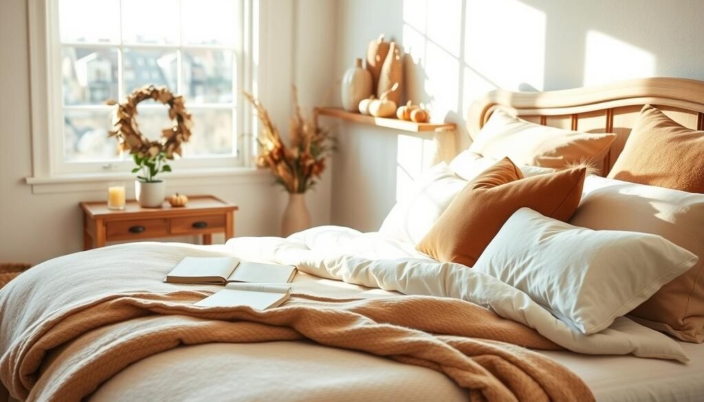 A cozy bedroom styled for seasonal comfort, featuring a soft, neutral color palette with warm, earth-tone accents. In the foreground, a neatly made bed adorned with plush, layered blankets and decorative pillows in autumn hues. The middle ground showcases a wooden nightstand with a small potted plant, a scented candle, and an open book, inviting a relaxed atmosphere. In the background, a large window allows bright natural light to pour in, illuminating the airy space and highlighting seasonal décor, such as a wreath of dried leaves and pumpkins on a shelf. The scene conveys a tranquil, inviting mood, perfect for year-round comfort, with soft sunlight creating gentle shadows and a warm ambiance.