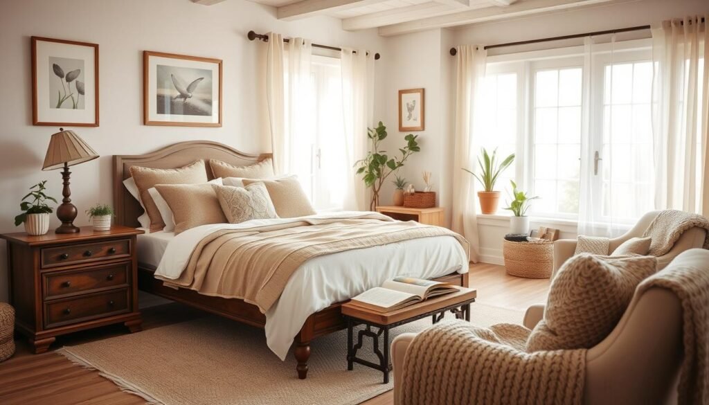 A cozy bedroom that blends timeless design with comfort, featuring a queen-sized bed adorned with plush, neutral-toned bedding and an assortment of textured throw pillows. In the foreground, a vintage wooden nightstand holds a stylish lamp, a small indoor plant, and an open book, conveying a lived-in feel. The middle ground showcases a soft area rug beneath the bed, with a comfortable armchair draped with a knitted throw in a nearby corner. In the background, large windows invite bright natural light, illuminating delicate sheer curtains that flutter gently. The room is softly decorated with framed artwork, potted greenery, and a soothing color palette of warm whites and earthy tones. The overall atmosphere is inviting and tranquil, with a sense of timeless elegance.