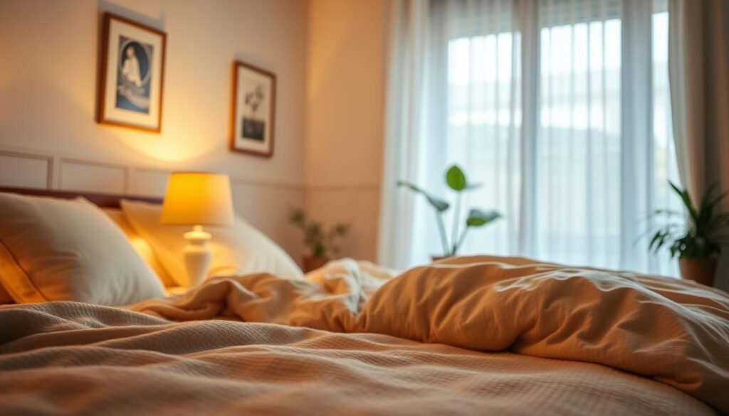 A cozy bedroom with warm, inviting lighting that exudes comfort. In the foreground, a soft, textured bedspread in neutral tones and fluffy pillows create a plush resting area. A wooden bedside table features a softly glowing lamp with a warm yellow bulb, casting gentle light across the scene. In the middle, a spacious window with sheer white curtains allows soft, natural sunlight to filter through, highlighting the room's airy feel. The background showcases tasteful wall art and a potted plant, adding a touch of greenery. The overall atmosphere is serene and inviting, perfect for relaxation, captured from a slight angle to emphasize depth and warmth in the lighting.