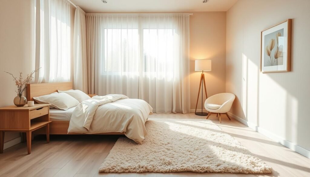 A cozy beige bedroom with soft textures and warm lighting, featuring a plush, neutral-toned bedspread adorned with gentle patterns. In the foreground, a natural wooden bedside table displays a small vase of fresh flowers. The middle of the room showcases a plush area rug that invites comfort, complementing the beige color palette. A large window allows soft sunlight to flood in, creating a bright and airy atmosphere, with sheer curtains gently swaying. The walls are painted in a light beige hue, accented by tasteful wall art that reflects an inviting warmth. A stylish, minimalist lamp casts a warm glow, enhancing the room's serene vibe. Capture this scene from a slightly elevated angle to emphasize the spaciousness and tranquil essence of the space. A cozy beige bedroom with soft textures and warm lighting, featuring a plush, neutral-toned bedspread adorned with gentle patterns. In the foreground, a natural wooden bedside table displays a small vase of fresh flowers. The middle of the room showcases a plush area rug that invites comfort, complementing the beige color palette. A large window allows soft sunlight to flood in, creating a bright and airy atmosphere, with sheer curtains gently swaying. The walls are painted in a light beige hue, accented by tasteful wall art that reflects an inviting warmth. A stylish, minimalist lamp casts a warm glow, enhancing the room's serene vibe. Capture this scene from a slightly elevated angle to emphasize the spaciousness and tranquil essence of the space.