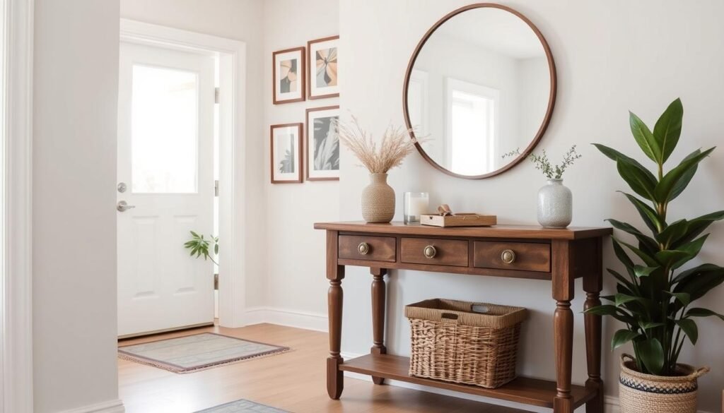 A cozy, budget-friendly entryway beautifully styled to create a welcoming atmosphere. In the foreground, a rustic wooden console table displays a small potted plant, a scented candle, and a set of vintage keys. A woven basket is tucked underneath, adding texture and storage. In the middle ground, a large, round mirror hangs above the table, reflecting soft natural light that filters through a nearby window. On the wall, a gallery of framed art adds character without overwhelming the space. The background features a bright hallway, with light hardwood flooring and a potted rubber plant near the entrance, enhancing the airy feel. The overall scene should convey warmth and functionality, illuminated by soft sunlight that highlights the natural colors and textures, portraying an inviting atmosphere ideal for a stylish yet affordable makeover.