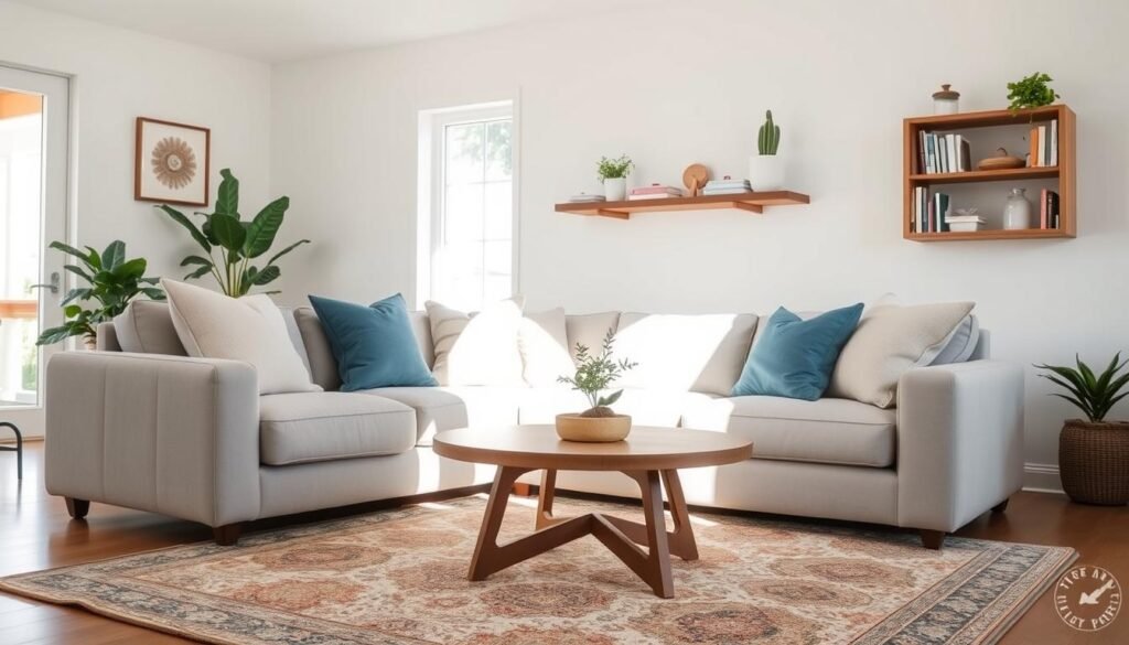 A cozy, budget-friendly living room transformation, featuring a comfortable sofa with soft, textured cushions and a minimalist coffee table adorned with a small plant. In the foreground, an attractive area rug adds warmth and color. The middle ground showcases a DIY wooden shelf on the wall, filled with books and simple decorative items, emphasizing a homemade feel. The background reveals a large window, allowing bright, natural light to fill the room, casting gentle shadows and highlighting the airy atmosphere. The overall mood exudes comfort and approachability, with fresh, neutral tones complimented by pops of color in the decor. Soft sunlight creates a serene ambiance, inviting relaxation and creativity. No humans are present in the scene.