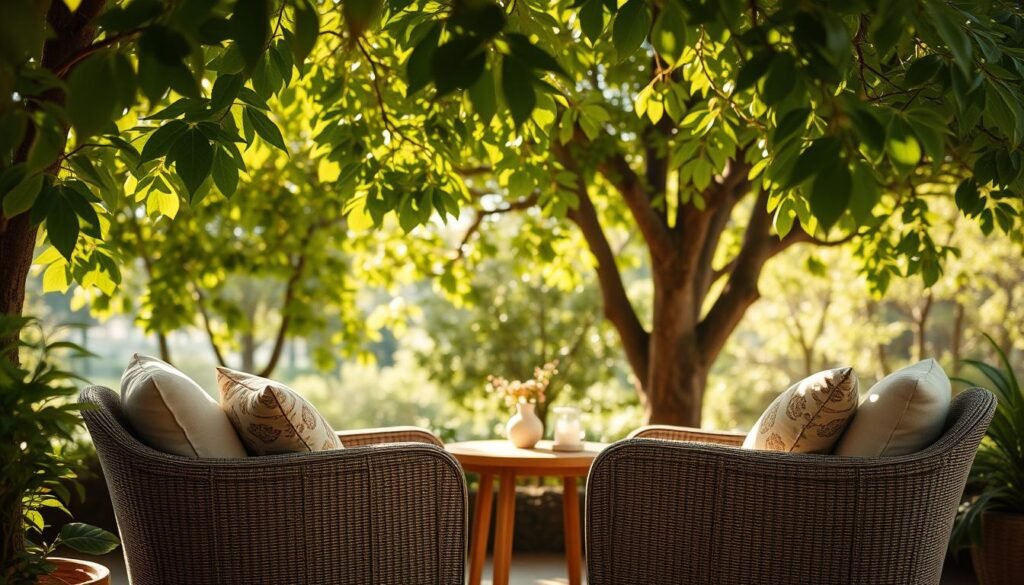 A cozy conversation nook nestled under a canopy of lush green trees, featuring two comfortable armchairs adorned with soft, decorative cushions, positioned around a small wooden table. The foreground showcases a close-up of the inviting seating arrangement, with warm, natural fabrics creating an intimate vibe. In the middle ground, sunlight filters through the leaves, casting playful shadows and illuminating the scene with soft, warm tones. The background reveals dappled sunlight streaming through the branches, enhancing the tranquil atmosphere of the space. The setting is serene, surrounded by gentle greenery, evoking a sense of peace and relaxation, perfect for intimate gatherings. The image is captured with a gentle focus, emphasizing the comfort and allure of this inviting nook. A cozy conversation nook nestled under a canopy of lush green trees, featuring two comfortable armchairs adorned with soft, decorative cushions, positioned around a small wooden table. The foreground showcases a close-up of the inviting seating arrangement, with warm, natural fabrics creating an intimate vibe. In the middle ground, sunlight filters through the leaves, casting playful shadows and illuminating the scene with soft, warm tones. The background reveals dappled sunlight streaming through the branches, enhancing the tranquil atmosphere of the space. The setting is serene, surrounded by gentle greenery, evoking a sense of peace and relaxation, perfect for intimate gatherings. The image is captured with a gentle focus, emphasizing the comfort and allure of this inviting nook.