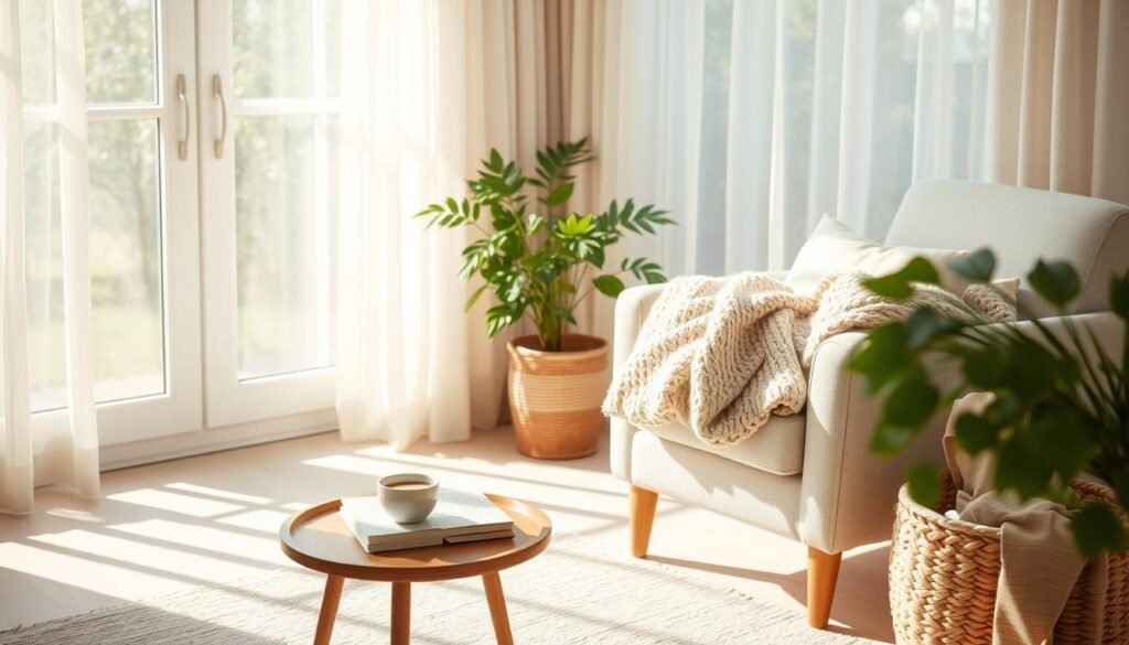 A cozy corner in a bright, airy room filled with natural light, showcasing a comfortable armchair adorned with soft cushions and a warm knitted throw. In the foreground, a small wooden side table holds a steaming cup of coffee and a few well-loved books. In the middle ground, a lush houseplant adds a touch of greenery, while a woven basket sits nearby, filled with extra blankets. The background features a large window with sheer curtains, allowing soft sunlight to filter through, illuminating the space with a warm glow. The atmosphere is inviting and serene, perfect for relaxation or reading, evoking a sense of personal comfort and tranquility. A cozy corner in a bright, airy room filled with natural light, showcasing a comfortable armchair adorned with soft cushions and a warm knitted throw. In the foreground, a small wooden side table holds a steaming cup of coffee and a few well-loved books. In the middle ground, a lush houseplant adds a touch of greenery, while a woven basket sits nearby, filled with extra blankets. The background features a large window with sheer curtains, allowing soft sunlight to filter through, illuminating the space with a warm glow. The atmosphere is inviting and serene, perfect for relaxation or reading, evoking a sense of personal comfort and tranquility.