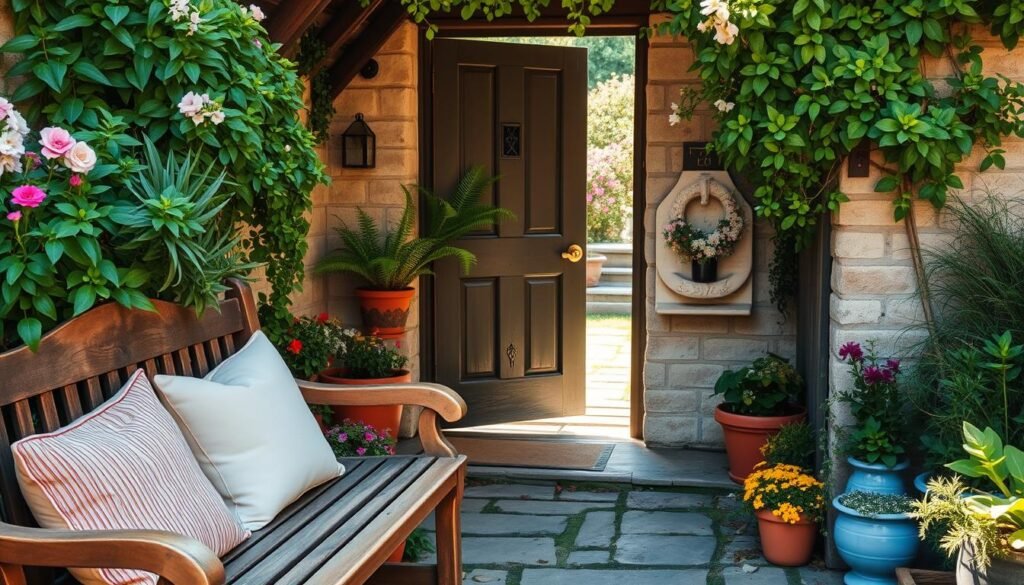 A cozy cottage entrance showcasing a charming door framed by lush greenery and colorful flower pots. In the foreground, a rustic wooden bench adorned with soft cushions invites relaxation. The middle ground features a charming, weathered door with a potted fern on either side, bathed in warm, soft sunlight. The background reveals a stone pathway leading to the entrance, surrounded by an inviting garden with various plant life. The atmosphere is peaceful and welcoming, reflecting a sense of warmth and natural light. The scene is captured from a slightly elevated angle to showcase the entrance's appeal, emphasizing bright, natural lighting that enhances the cozy feeling of the space.