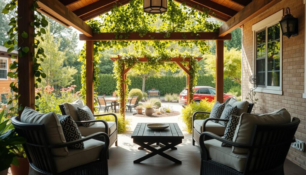 A cozy covered patio featuring inviting seating options, including plush cushioned chairs and a stylish wooden coffee table, positioned in the foreground. The middle ground showcases a charming trellis adorned with climbing vines, creating a natural canopy. In the background, a well-manicured garden blooms vibrantly under bright natural light, with soft sunlight filtering through the leaves, casting gentle shadows. The scene captures a serene and comfortable atmosphere, inviting relaxation year-round. The perspective is slightly angled to show depth, with the camera focusing on the details of the furniture and decor, all rendered in rich, warm colors to enhance the welcoming feel of the space. A cozy covered patio featuring inviting seating options, including plush cushioned chairs and a stylish wooden coffee table, positioned in the foreground. The middle ground showcases a charming trellis adorned with climbing vines, creating a natural canopy. In the background, a well-manicured garden blooms vibrantly under bright natural light, with soft sunlight filtering through the leaves, casting gentle shadows. The scene captures a serene and comfortable atmosphere, inviting relaxation year-round. The perspective is slightly angled to show depth, with the camera focusing on the details of the furniture and decor, all rendered in rich, warm colors to enhance the welcoming feel of the space.