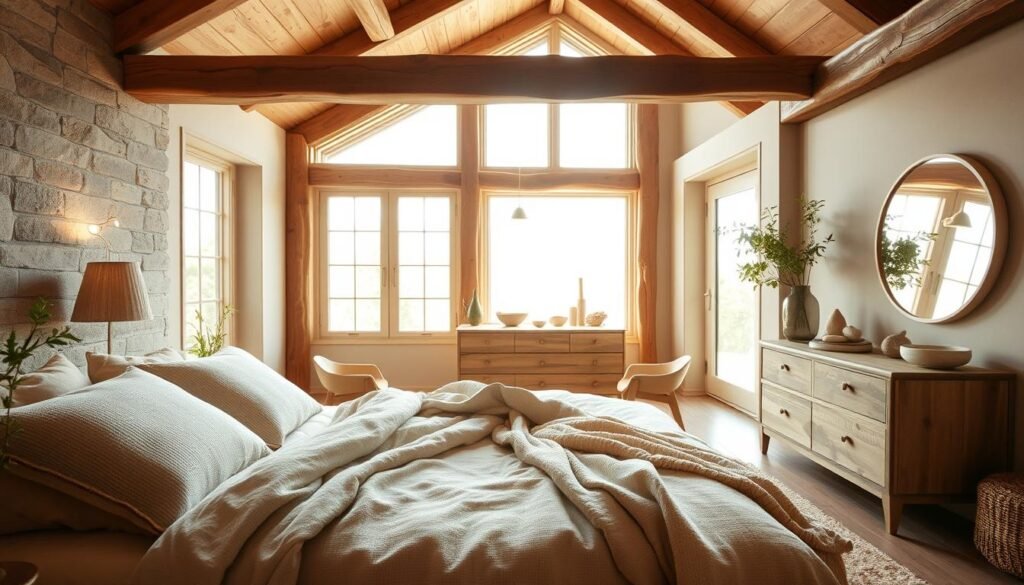 A cozy earthy bedroom designed for comfort and natural aesthetics. In the foreground, a plush, neutral-toned bed adorned with soft, textured blankets and a few natural fiber throw pillows. To the side, a wooden bedside table with green plants and a warm-toned lamp. The middle ground features a minimalist wooden dresser with organic accessories like stones and driftwood. In the background, large windows allow bright, soft sunlight to flood the room, highlighting the natural wooden beams and neutral-colored walls. The atmosphere is serene and inviting, conveying a sense of peace. Use a wide-angle lens to capture the spaciousness, with a focus on natural light, creating a tranquil and airy environment. Avoid any clutter for a clean, calming visual.
