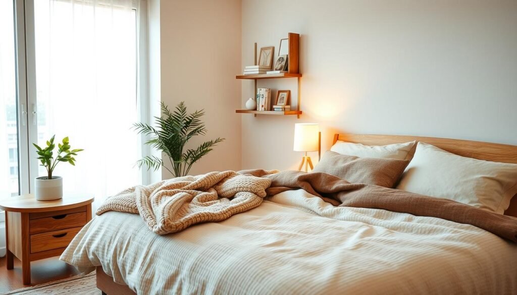A cozy earthy bedroom featuring soft neutral tones, with a large window allowing bright natural light and airy atmosphere. The foreground showcases a plush, textured bed with layered linens in shades of beige and soft brown, adorned with chunky knit throws and a couple of decorative pillows. To the side, a handcrafted wooden nightstand holds a small potted plant and an elegantly simple lamp, casting a warm, inviting glow. In the middle, a light rug adds warmth to the wooden floor, while wall-mounted shelves display a few curated books and natural decor items, enhancing the earthy feel. The background shows a serene, softly painted wall that complements the room’s total ambiance. The overall mood is relaxing, intimate, and effortlessly warm, ideal for an inviting bedroom space. A cozy earthy bedroom featuring soft neutral tones, with a large window allowing bright natural light and airy atmosphere. The foreground showcases a plush, textured bed with layered linens in shades of beige and soft brown, adorned with chunky knit throws and a couple of decorative pillows. To the side, a handcrafted wooden nightstand holds a small potted plant and an elegantly simple lamp, casting a warm, inviting glow. In the middle, a light rug adds warmth to the wooden floor, while wall-mounted shelves display a few curated books and natural decor items, enhancing the earthy feel. The background shows a serene, softly painted wall that complements the room’s total ambiance. The overall mood is relaxing, intimate, and effortlessly warm, ideal for an inviting bedroom space.