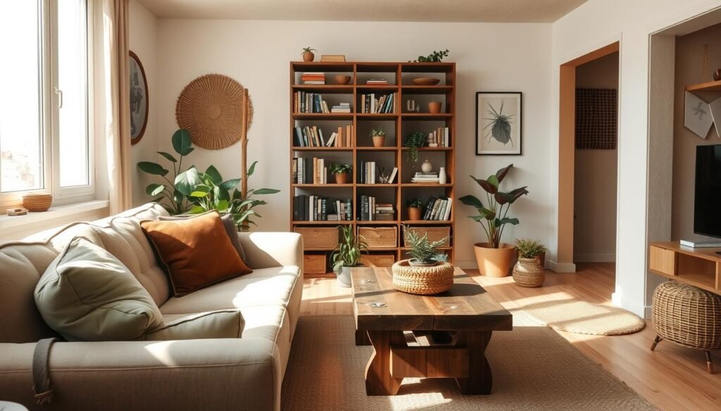 A cozy, earthy small apartment living room featuring natural materials and warm textures. In the foreground, a plush beige sofa adorned with soft green and brown cushions sits next to a rustic wooden coffee table, displaying potted plants and a colorful woven basket. The middle section includes a stylish bookshelf filled with various books and more greenery, while a large window lets in bright, natural light, casting soft shadows on the light wood floor. In the background, a muted color palette complements natural elements like jute rugs and wooden accents. The atmosphere is inviting and tranquil, evoking a sense of organic warmth, with soft sunlight enhancing the overall ambiance, captured from a slight angle to emphasize depth and coziness.