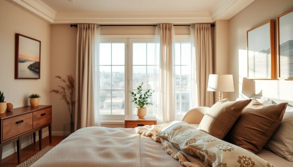 A cozy, elegantly designed bedroom featuring warm color schemes such as soft beige, warm taupe, and muted sage green. The foreground showcases a plush bed with a textured quilt and an array of soft throw pillows in earth tones. In the middle, a stylish wooden nightstand holds a small potted plant and a calming table lamp, exuding a sense of serenity. The background reveals large windows that invite bright, natural light to flood the space, accentuating the airy atmosphere. Delicate curtains flutter gently in the breeze. The room is adorned with tasteful artwork on the walls featuring minimalist landscapes, creating a harmonious balance between warmth and lightness. The setting evokes a peaceful, inviting mood, perfect for relaxation and comfort. A cozy, elegantly designed bedroom featuring warm color schemes such as soft beige, warm taupe, and muted sage green. The foreground showcases a plush bed with a textured quilt and an array of soft throw pillows in earth tones. In the middle, a stylish wooden nightstand holds a small potted plant and a calming table lamp, exuding a sense of serenity. The background reveals large windows that invite bright, natural light to flood the space, accentuating the airy atmosphere. Delicate curtains flutter gently in the breeze. The room is adorned with tasteful artwork on the walls featuring minimalist landscapes, creating a harmonious balance between warmth and lightness. The setting evokes a peaceful, inviting mood, perfect for relaxation and comfort.