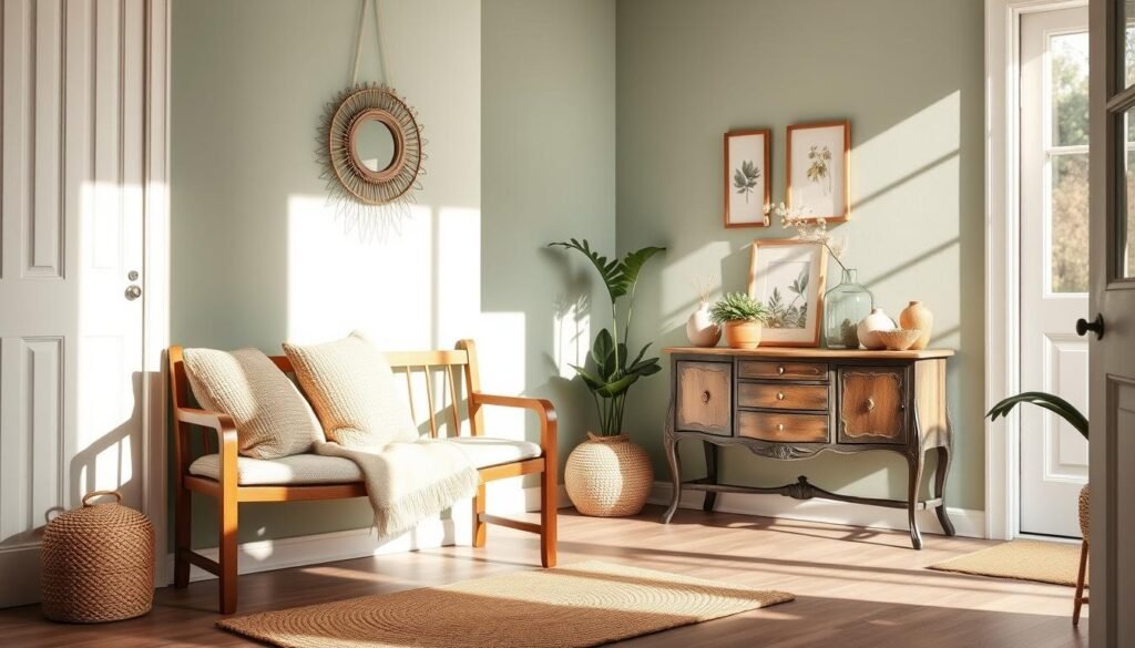 A cozy entryway featuring a harmonious color palette that evokes warmth and tranquility. In the foreground, a soft woven mat in earthy tones welcomes guests, paired with a stylish wooden bench adorned with plush cushions in muted pastels. The middle ground showcases a vintage console table displaying indoor plants, textured vases, and a small framed mirror reflecting gentle sunlight. The background highlights a beautifully painted wall in soft sage green, complementing delicate artwork that adds personality. Soft, natural light pours in from a nearby window, casting warm shadows and enhancing the inviting atmosphere. The overall composition is airy, well-lit, and imbued with a sense of welcoming comfort, ideal for a personal and easy entryway vibe.