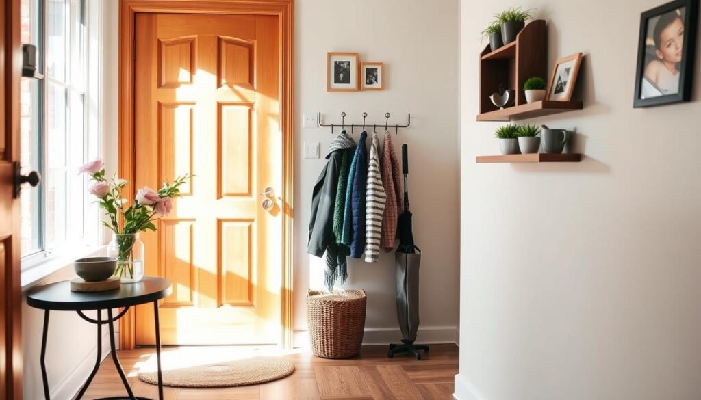 A cozy entryway featuring a warm wooden door and a soft, woven doormat. In the foreground, a small table adorned with a chic vase holding fresh flowers, and a decorative bowl for keys. The middle scene includes a well-organized coat rack with stylish jackets and an umbrella stand, all bathed in bright natural light streaming through a nearby window. The background reveals a soft, inviting wall painted in a light hue, decorated with a couple of framed family photos and a small shelf holding potted plants. The ambiance conveys comfort and warmth, with soft sunlight creating gentle shadows, making the space feel personal yet effortlessly maintained. The overall mood is welcoming and stylish, perfect for a homey entryway.