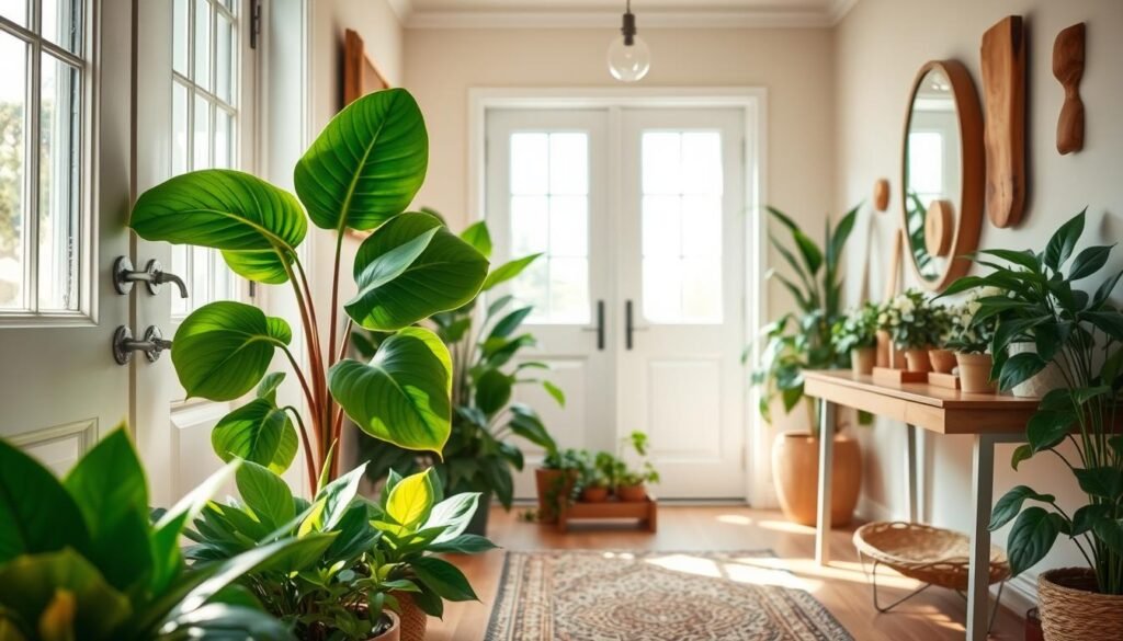 A cozy entryway featuring an array of lush, vibrant plants that create a warm and inviting atmosphere. In the foreground, a tall fiddle leaf fig stands elegantly by the door, while smaller pots of succulents and peace lilies are arranged on a stylish console table, adorned with decorative wooden elements. The middle ground showcases a welcoming area rug and a wooden shoe rack. In the background, soft sunlight filters through a large window, casting gentle shadows and highlighting the green hues of the plants. The scene is captured from a slightly angled viewpoint, emphasizing depth, with a focus on airy, natural light that enhances the inviting nature of the space. The overall mood is fresh and revitalizing, suggesting a harmonious blend of nature and home.