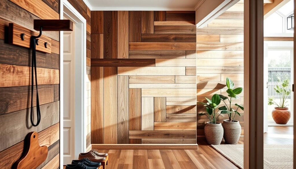 A cozy entryway featuring reclaimed wood wall treatments and paneling, showcasing diverse textures and rich, warm tones. In the foreground, rustic wooden shoe racks and a stylish coat hanger complement the inviting atmosphere. In the middle ground, the reclaimed wood wall treatment displays a mix of weathered planks, highlighting the unique grains and colors of repurposed wood, illuminated by soft, natural sunlight filtering through a nearby window. The background includes an airy space with potted plants and a woven rug, enhancing the warm and inviting mood. Capture this scene with a bright, well-lit angle, emphasizing the craftsmanship and charm of the wood accents, creating a sense of comfort and style in the home.
