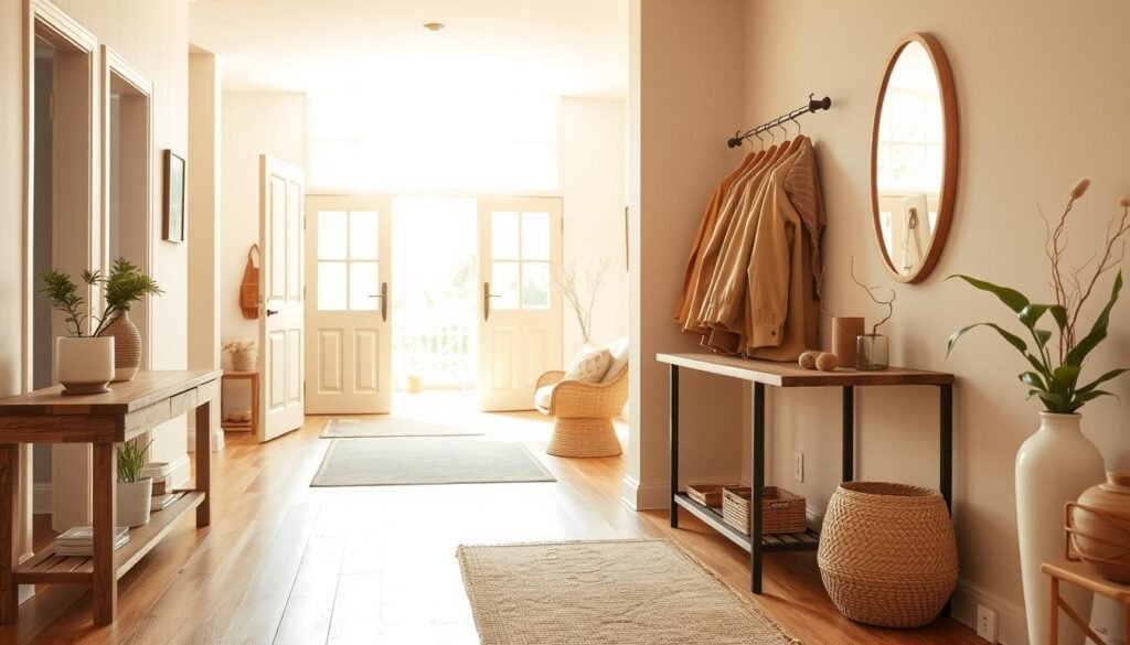 A cozy entryway featuring warm color palettes, with soft wooden flooring and inviting textiles. In the foreground, a rustic console table adorned with a woven basket and a potted plant. The middle ground includes a simple coat rack with jackets in soft earth tones, and a stylish mirror that reflects natural light. In the background, a spacious entryway opens to large windows, allowing warm, golden sunlight to flood the space, enhancing the airy atmosphere. The lighting is bright yet soft, creating a welcoming and uncomplicated vibe, perfect for greeting guests. The scene should evoke a sense of comfort and simplicity, highlighting the beauty of natural decor elements in a well-lit space.