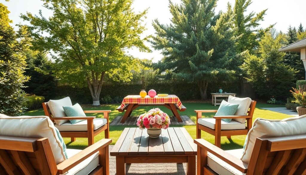 A cozy family-friendly outdoor seating area in a well-manicured backyard. In the foreground, a set of comfortable wooden lounge chairs with plush cushions in soft, inviting colors. A rustic wooden coffee table adorned with a vase of fresh flowers sits at the center. In the middle ground, a picnic table with a colorful tablecloth, surrounded by cheerful outdoor games like a frisbee and a hula hoop. The background features lush green trees under a bright blue sky, allowing soft sunlight to filter through, creating a warm and inviting atmosphere. The overall mood is relaxed and cheerful, ideal for family gatherings. Capture the scene from a slightly elevated angle, emphasizing the harmony of the outdoor space and the inviting seating arrangements. No people are present in the image.