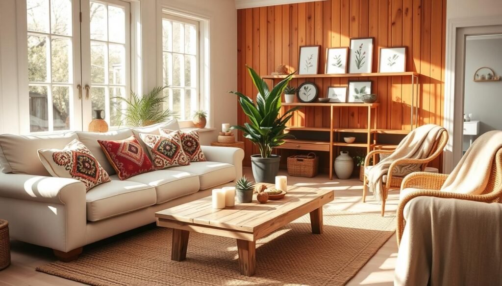 A cozy farmhouse boho living room that embodies comfort and style, showcasing a blend of rustic and bohemian elements. In the foreground, a plush, oversized cream-colored sofa adorned with vibrant, patterned throw pillows sits on a natural jute rug. A wooden coffee table with a distressed finish displays succulents and artisan candles. The middle ground features an inviting wicker chair, draped with a soft blanket, next to a tall potted plant. The background highlights a warm, wooden accent wall with framed botanical prints and shelves displaying handmade crafts. Bright, natural light floods the room through large windows, creating an airy atmosphere. Soft sunlight casts gentle shadows, enhancing the serene mood. Ideal for a magazine-style interior design photo.