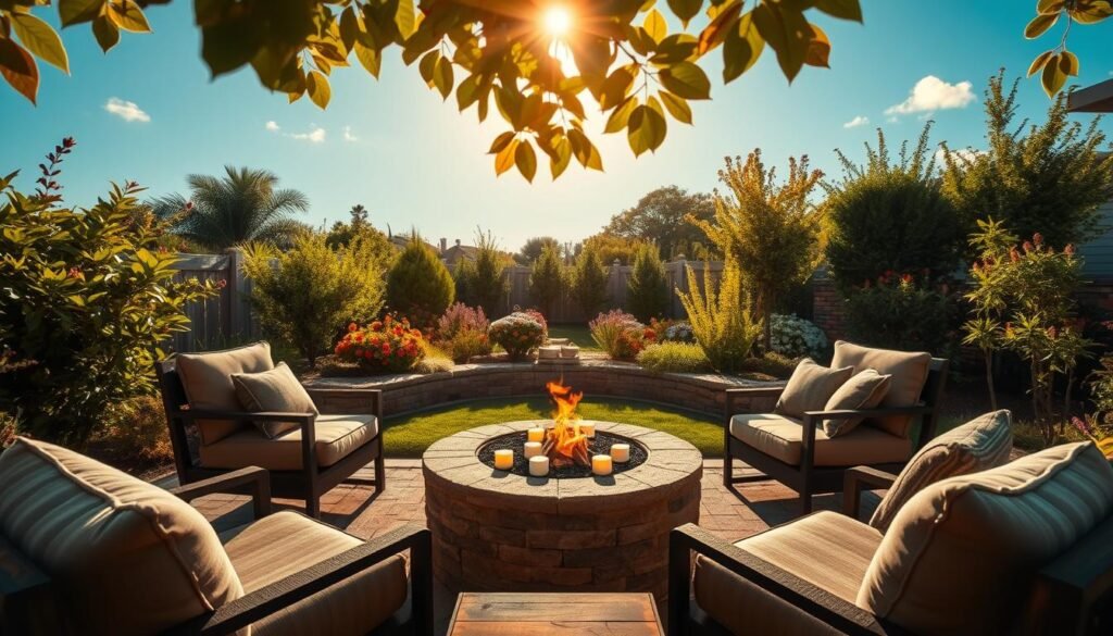 A cozy fire pit seating circle nestled in a beautifully landscaped backyard. In the foreground, plush, modern outdoor chairs encircle a crackling fire pit, each adorned with soft, inviting cushions in earthy tones. The middle ground features a rustic wooden table covered with s'mores ingredients, accentuated by flickering candlelight. The background reveals lush greenery and vibrant flowers, with a perfect blue sky overhead, softly illuminated by warm, golden sunlight. The image is captured at a slight angle to emphasize depth, showcasing the inviting atmosphere designed for relaxation and gathering. A gentle breeze rustles the leaves, enhancing the serene mood of an inviting summer evening. A cozy fire pit seating circle nestled in a beautifully landscaped backyard. In the foreground, plush, modern outdoor chairs encircle a crackling fire pit, each adorned with soft, inviting cushions in earthy tones. The middle ground features a rustic wooden table covered with s'mores ingredients, accentuated by flickering candlelight. The background reveals lush greenery and vibrant flowers, with a perfect blue sky overhead, softly illuminated by warm, golden sunlight. The image is captured at a slight angle to emphasize depth, showcasing the inviting atmosphere designed for relaxation and gathering. A gentle breeze rustles the leaves, enhancing the serene mood of an inviting summer evening.