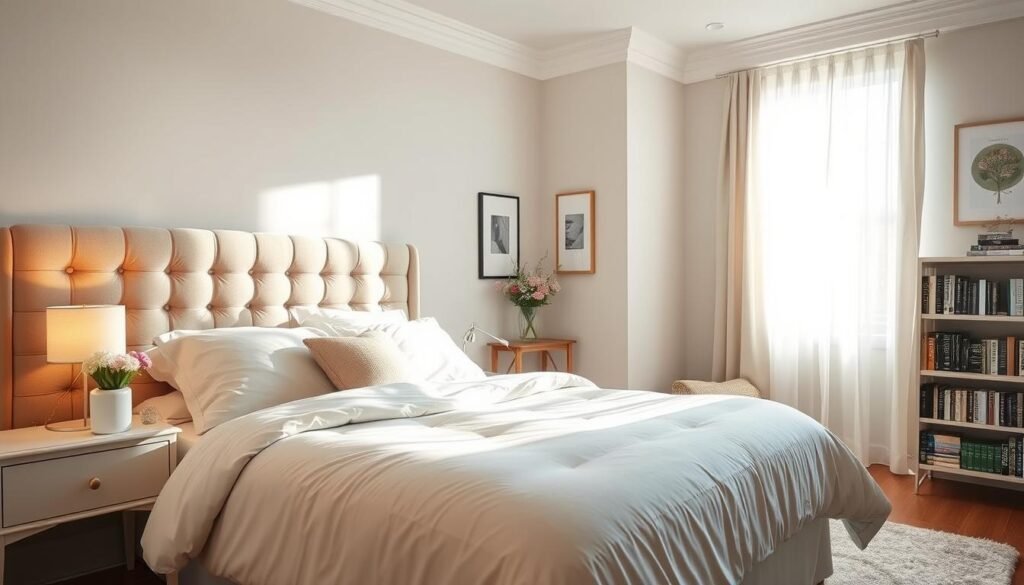 A cozy guest bedroom designed for comfort, featuring a queen-sized bed with soft, plush bedding in soothing pastel colors. The foreground showcases a stylish nightstand adorned with a small vase of fresh flowers and a bedside lamp emitting soft, warm light. In the middle, a beautiful, tufted upholstered headboard adds elegance, while a plush area rug in light tones provides warmth underfoot. Light streams in from a large window draped with sheer curtains, creating an airy atmosphere. In the background, tastefully arranged wall art and a small bookshelf filled with inviting novels enhance the welcoming feel. The overall lighting is bright and natural, emphasizing a serene and rejuvenating ambiance.