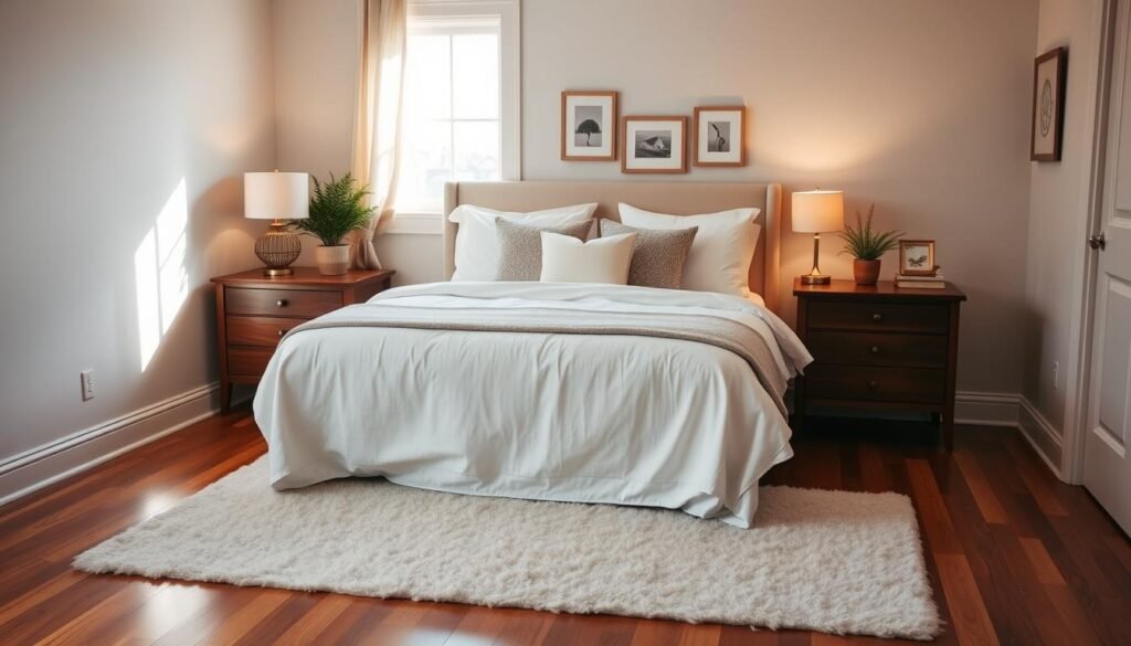 A cozy guest bedroom featuring a beautifully made queen-sized bed with soft, white linens and an inviting assortment of decorative pillows. Flanking the bed are elegant wooden nightstands adorned with warm, glowing lamps casting a gentle light. The walls are painted a soothing pastel color, and a plush area rug is laid on polished hardwood floors, adding warmth to the space. In the background, a window allows soft sunlight to filter in, illuminating the room and casting subtle shadows. A potted plant and a few framed artworks add touches of greenery and personality. The overall atmosphere is welcoming and serene, designed to make guests feel instantly at home. The composition is shot with a wide-angle lens to capture the full essence of the room, ensuring it feels spacious and airy. A cozy guest bedroom featuring a beautifully made queen-sized bed with soft, white linens and an inviting assortment of decorative pillows. Flanking the bed are elegant wooden nightstands adorned with warm, glowing lamps casting a gentle light. The walls are painted a soothing pastel color, and a plush area rug is laid on polished hardwood floors, adding warmth to the space. In the background, a window allows soft sunlight to filter in, illuminating the room and casting subtle shadows. A potted plant and a few framed artworks add touches of greenery and personality. The overall atmosphere is welcoming and serene, designed to make guests feel instantly at home. The composition is shot with a wide-angle lens to capture the full essence of the room, ensuring it feels spacious and airy.
