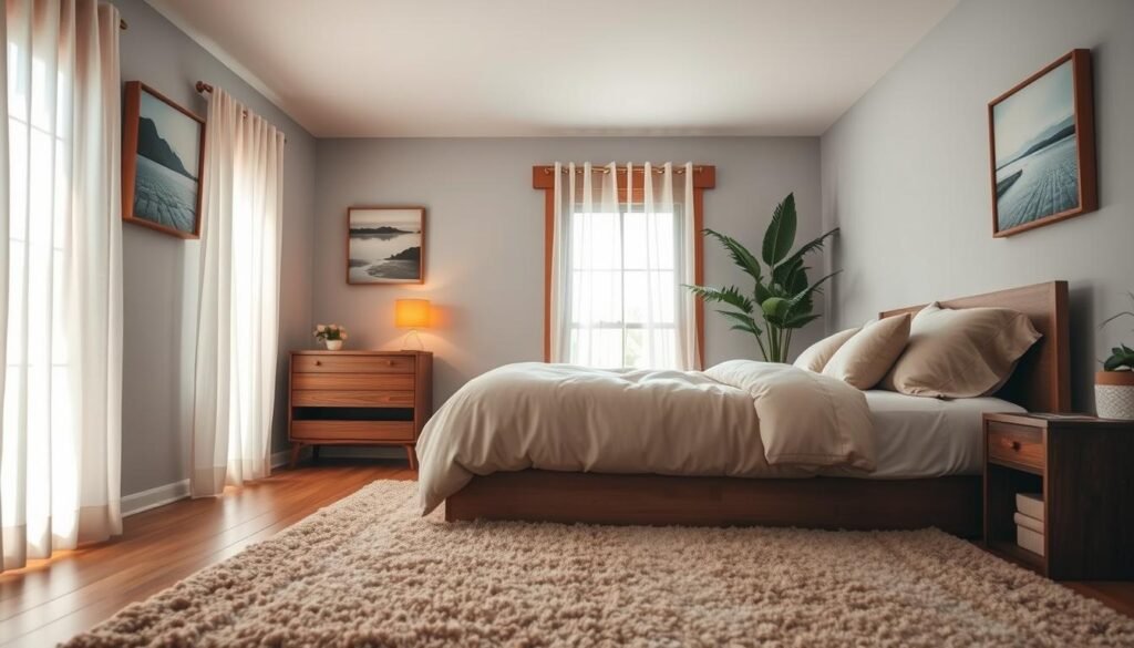 A cozy guest bedroom featuring a queen-sized bed adorned with plush, neutral-toned bedding and oversized pillows. In the foreground, a soft, textured area rug adds warmth, paired with a small, decorative nightstand holding a stylish lamp that emits a warm glow. The middle ground showcases a wooden-framed window draped with sheer curtains, allowing bright, soft sunlight to fill the room, highlighting the natural wood textures of the furniture. On the wall, soothing artwork of serene landscapes complements the tranquil atmosphere. In the background, a tall potted plant adds a touch of greenery, enhancing the inviting feel. The overall mood is peaceful and welcoming, perfect for relaxation and restful sleep, captured with a soft focus lens to create an intimate ambiance.