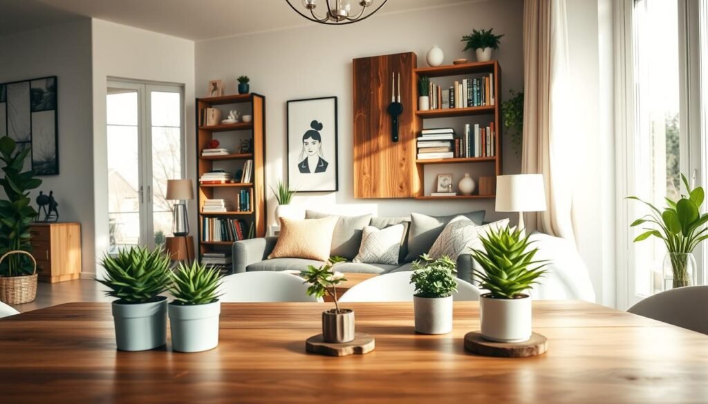A cozy home interior showcasing a variety of DIY projects that radiate warmth and craftsmanship. In the foreground, a sturdy wooden dining table displays potted plants and handmade coasters. The middle ground features a stylish bookshelf filled with neatly organized books and decorative items that reflect personal style. A wall accent, showcasing a DIY wood panel, creates a focal point that adds character to the room. Soft, natural light filters through large windows, casting gentle shadows and enhancing the inviting atmosphere. The scene is set in a contemporary living space, with a light color palette that evokes a sense of tranquility. The overall mood is one of satisfaction and inspiration, perfect for highlighting projects that are worthwhile for home improvement.
