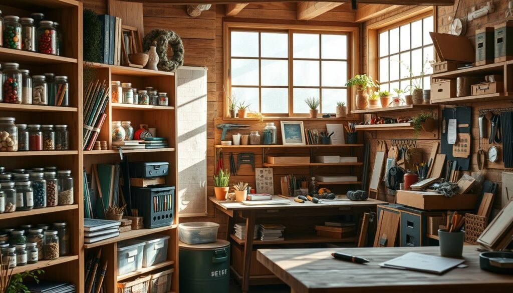 A cozy home workshop scene showcasing a variety of DIY storage solutions for hobbies and collections. In the foreground, a beautifully crafted wooden shelving unit holds an array of colorful hobby supplies like art materials, collectibles, and plants, with clear jars and organizers neatly arranged. The middle features a rustic workbench with tools, a small potted plant, and a few unfinished projects, casting soft shadows. In the background, light floods through a large window, illuminating the space with bright, natural light and highlighting the wood grain textures. The atmosphere is warm and inviting, embodying creativity and practicality in a well-organized environment. A cozy home workshop scene showcasing a variety of DIY storage solutions for hobbies and collections. In the foreground, a beautifully crafted wooden shelving unit holds an array of colorful hobby supplies like art materials, collectibles, and plants, with clear jars and organizers neatly arranged. The middle features a rustic workbench with tools, a small potted plant, and a few unfinished projects, casting soft shadows. In the background, light floods through a large window, illuminating the space with bright, natural light and highlighting the wood grain textures. The atmosphere is warm and inviting, embodying creativity and practicality in a well-organized environment.