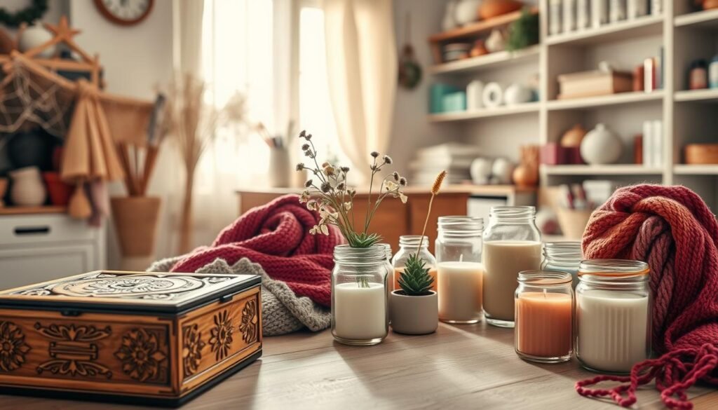A cozy home workspace filled with various handmade gift ideas. In the foreground, a beautifully crafted wooden box with intricate carvings sits alongside a set of hand-knitted scarves in vibrant hues. The middle ground features an assortment of homemade candles in decorative glass jars, surrounded by dried flowers and a small, potted succulent. The background reveals a sunlit window with sheer curtains, casting soft, warm light across the scene, and shelves lined with crafting supplies. The mood is relaxed and inviting, capturing the essence of a weekend spent creating thoughtful gifts. The lighting is bright and natural, emphasizing the textures of the materials, all shot from a slightly elevated angle to highlight the workspace's charm and creativity.